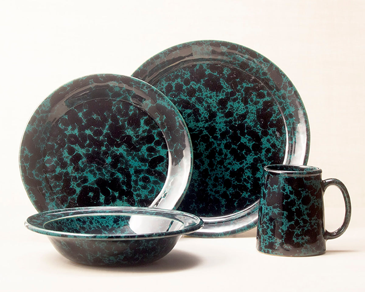 Black on Green dinnerware 4 piece set including our dinner plate, lunch plate, rimmed soup pasta bowl and tankard mug.