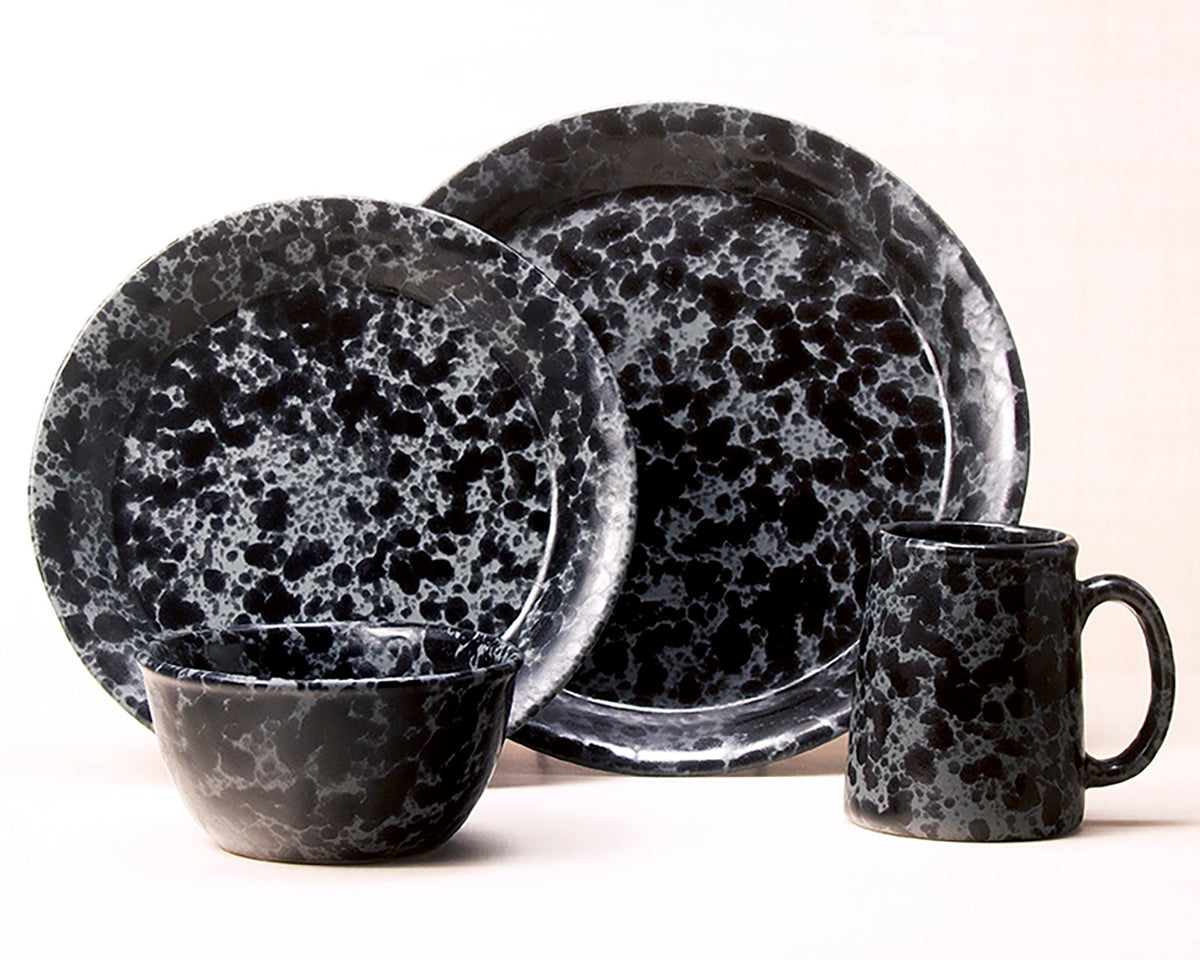 Black on Slate dinnerware 4 piece set including our dinner plate, lunch plate, medium basic bowl and tankard mug.