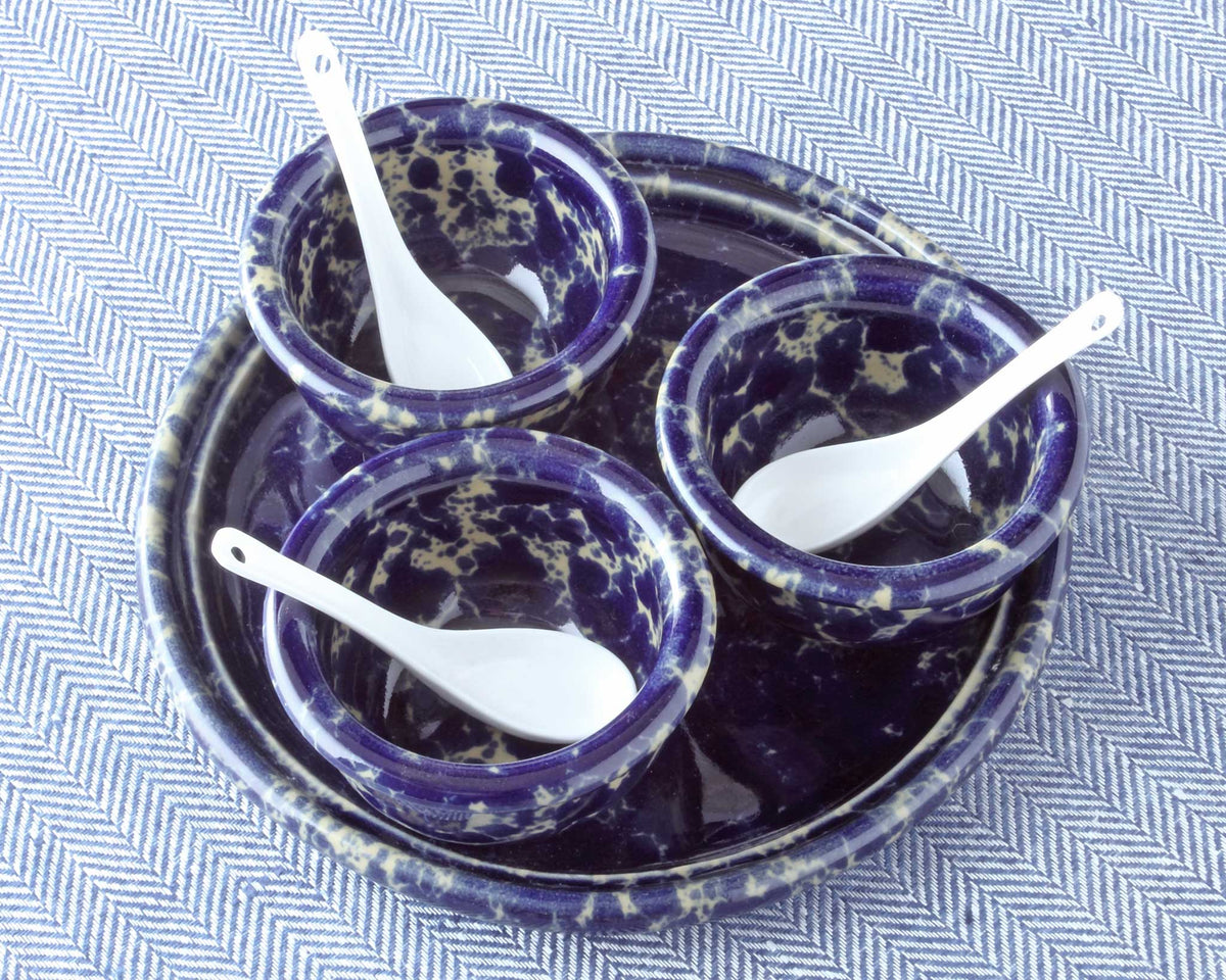 Blue Agate Condiment Trio Set with 3 Butter Crocks, 3 Little Porcelain Spoons and Rimmed Plate.