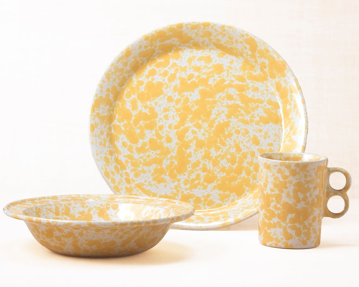 Morning Glory Yellow dinnerware 3 piece set including our dinner plate, rimmed soup pasta bowl and trigger mug.