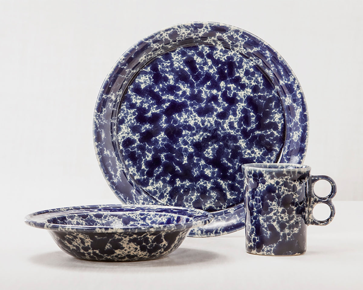 Blue Agate dinnerware 3 piece set including our dinner plate, rimmed soup pasta bowl and trigger mug.