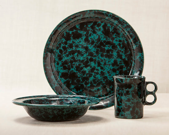 Black on Green dinnerware 3 piece set including our dinner plate, rimmed soup pasta bowl and trigger mug.