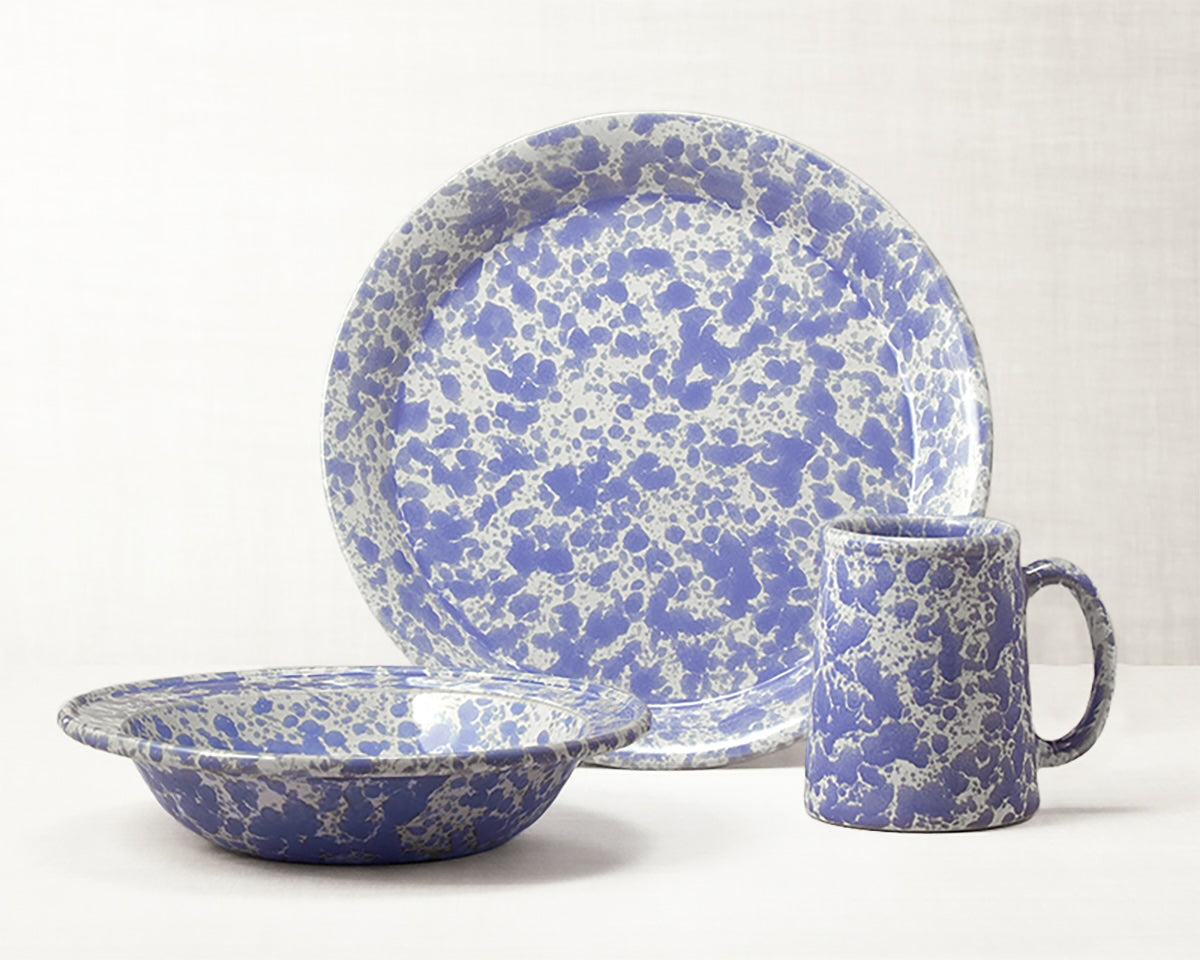 Morning Glory Blue dinnerware 3 piece set including our dinner plate, rimmed soup pasta bowl and tankard mug.