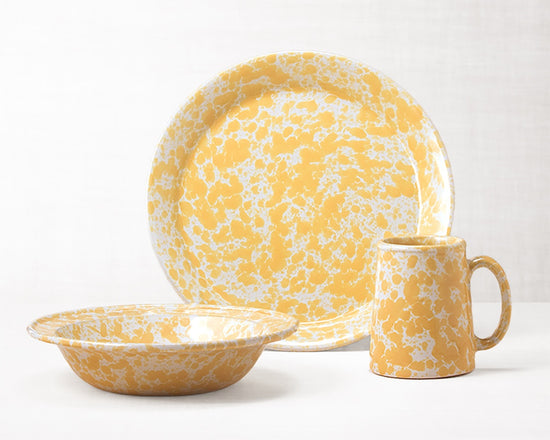 Morning Glory Yellow dinnerware 3 piece set including our dinner plate, rimmed soup pasta bowl and tankard mug.
