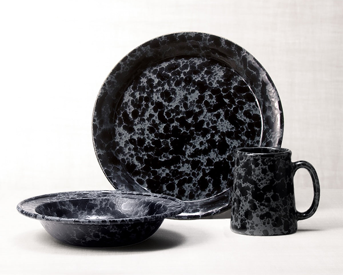 Black on Slate dinnerware 3 piece set including our dinner plate, rimmed soup pasta bowl and tankard mug.