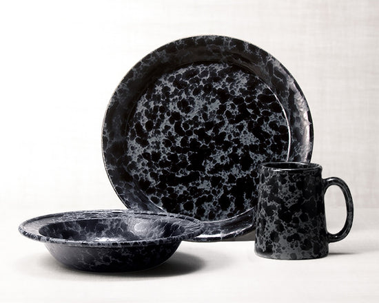 Black on Slate dinnerware 3 piece set including our dinner plate, rimmed soup pasta bowl and tankard mug.