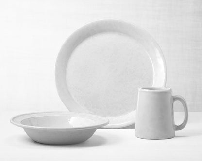 White on White dinnerware 3 piece set including our dinner plate, rimmed soup pasta bowl and tankard mug.