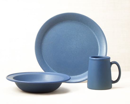 Element Blue dinnerware 3 piece set including our dinner plate, rimmed soup pasta bowl and tankard mug.