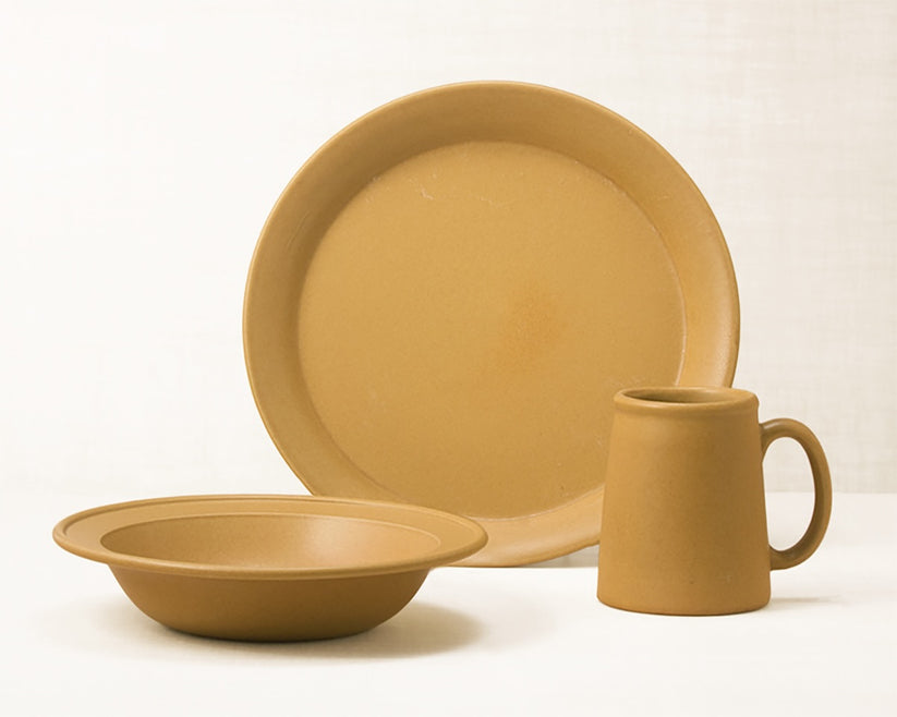Element Gold dinnerware 3 piece set including our dinner plate, rimmed soup pasta bowl and tankard mug.