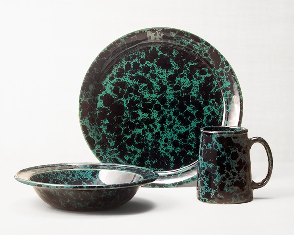 Black on Green dinnerware 3 piece set including our dinner plate, rimmed soup pasta bowl and tankard mug.