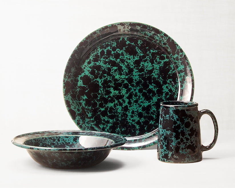 Black on Green dinnerware 3 piece set including our dinner plate, rimmed soup pasta bowl and tankard mug.