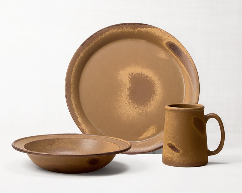 Tavernware dinnerware 3 piece set including our dinner plate, rimmed soup pasta bowl and tankard mug.