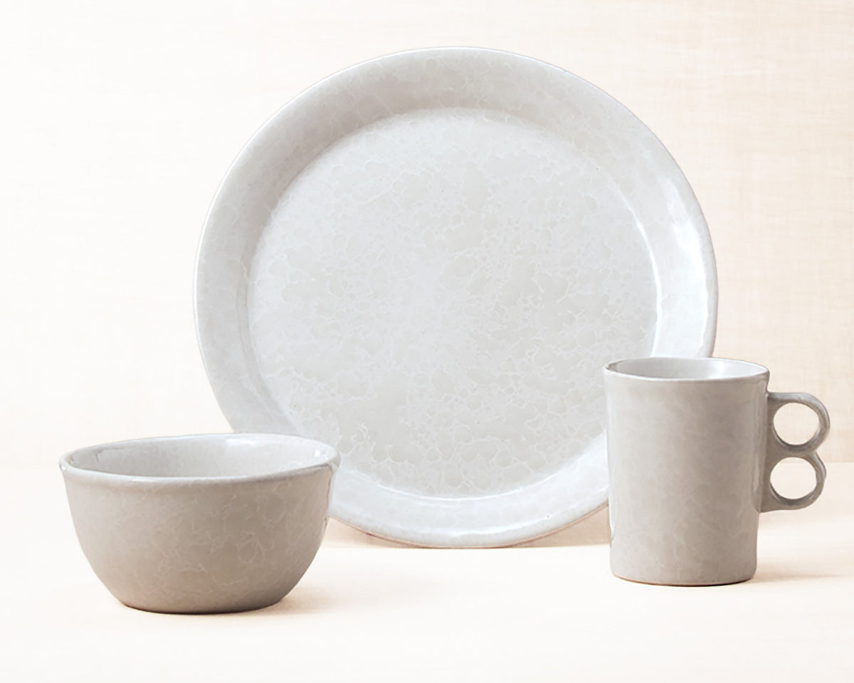 White on White dinnerware 3 piece set including our dinner plate, medium basic bowl and trigger mug.