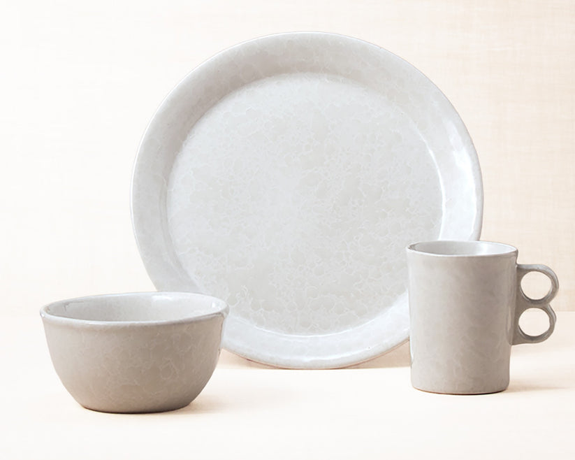 White on White dinnerware 3 piece set including our dinner plate, medium basic bowl and trigger mug.