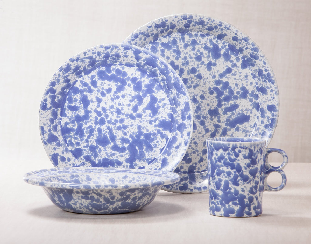Morning Glory Blue dinnerware 4 piece set including our dinner plate, lunch plate, rimmed soup pasta bowl and trigger mug.