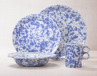 Morning Glory Blue dinnerware 4 piece set including our dinner plate, lunch plate, rimmed soup pasta bowl and trigger mug.