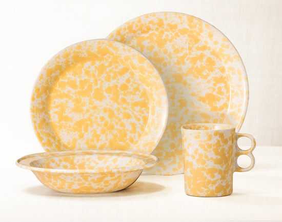 Morning Glory Yellow dinnerware 4 piece set including our dinner plate, lunch plate, rimmed soup pasta bowl and trigger mug.