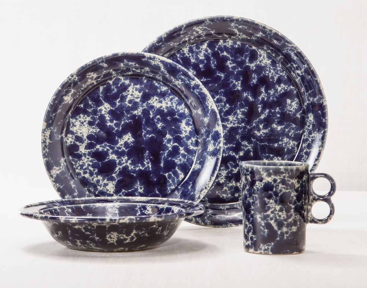 Blue Agate dinnerware 4 piece set including our dinner plate, lunch plate, rimmed soup pasta bowl and trigger mug.