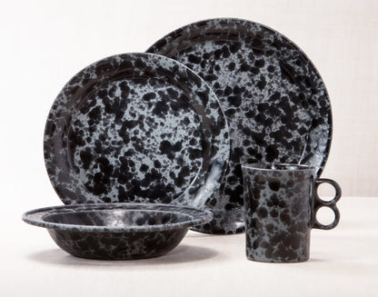 Black on Slate dinnerware 4 piece set including our dinner plate, lunch plate, rimmed soup pasta bowl and trigger mug.