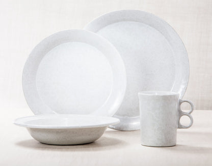White on White dinnerware 4 piece set including our dinner plate, lunch plate, rimmed soup pasta bowl and trigger mug.