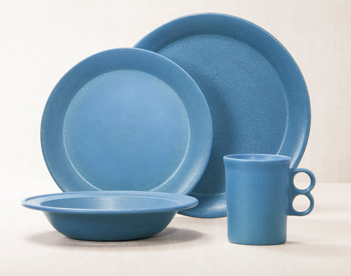 Element Blue dinnerware 4 piece set including our dinner plate, lunch plate, rimmed soup pasta bowl and trigger mug.