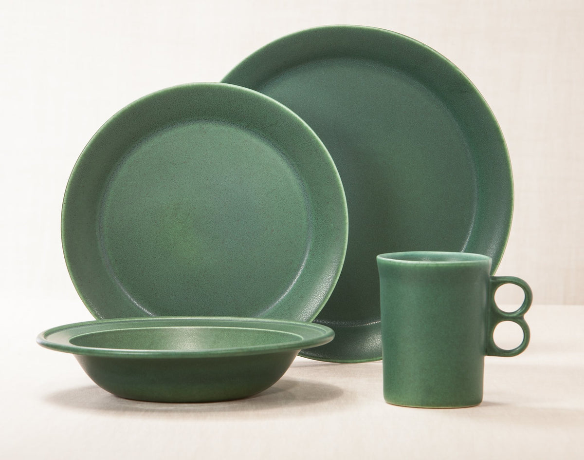 Element Green dinnerware 4 piece set including our dinner plate, lunch plate, rimmed soup pasta bowl and trigger mug.