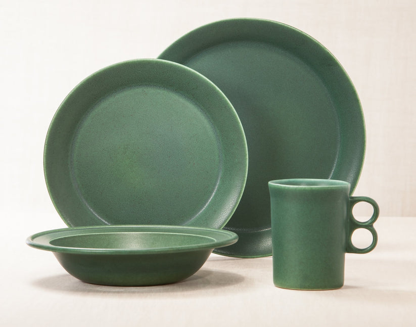 Element Green dinnerware 4 piece set including our dinner plate, lunch plate, rimmed soup pasta bowl and trigger mug.
