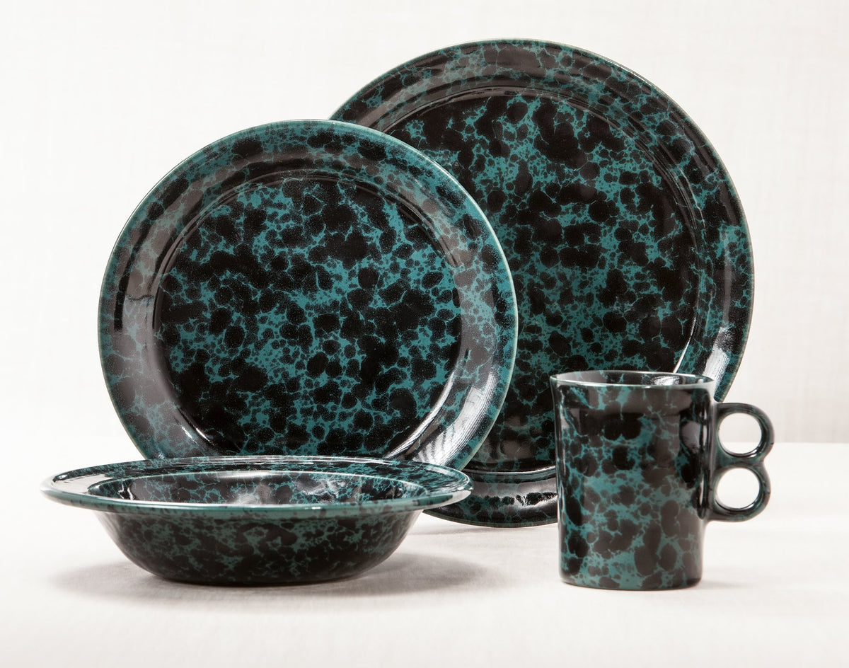 Black on Green dinnerware 4 piece set including our dinner plate, lunch plate, rimmed soup pasta bowl and trigger mug.