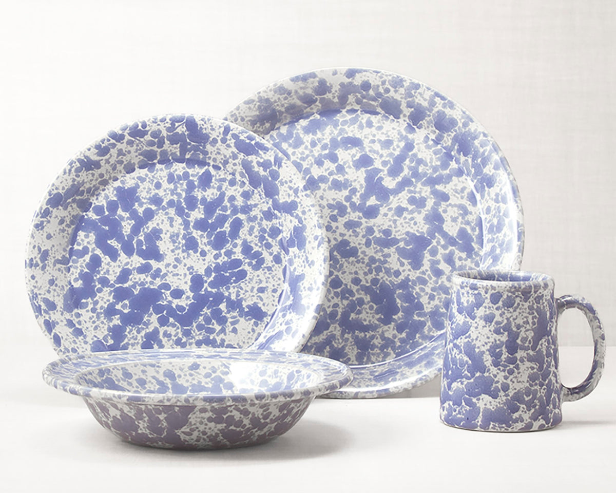 Morning Glory Blue dinnerware 4 piece set including our dinner plate, lunch plate, rimmed soup pasta bowl and tankard mug.