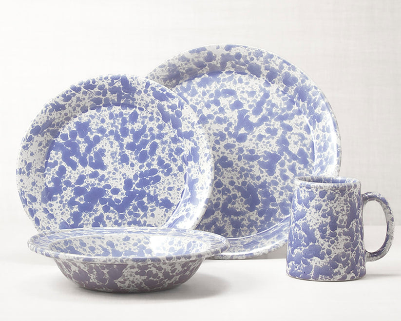 Morning Glory Blue dinnerware 4 piece set including our dinner plate, lunch plate, rimmed soup pasta bowl and tankard mug.