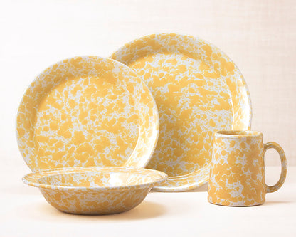 Morning Glory Yellow dinnerware 4 piece set including our dinner plate, lunch plate, rimmed soup pasta bowl and tankard mug.