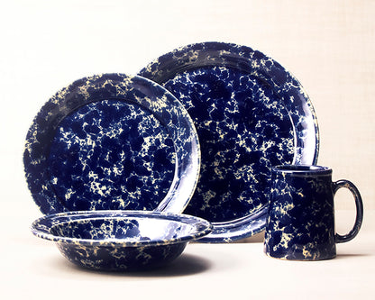 Blue Agate dinnerware 4 piece set including our dinner plate, lunch plate, rimmed soup pasta bowl and tankard mug.