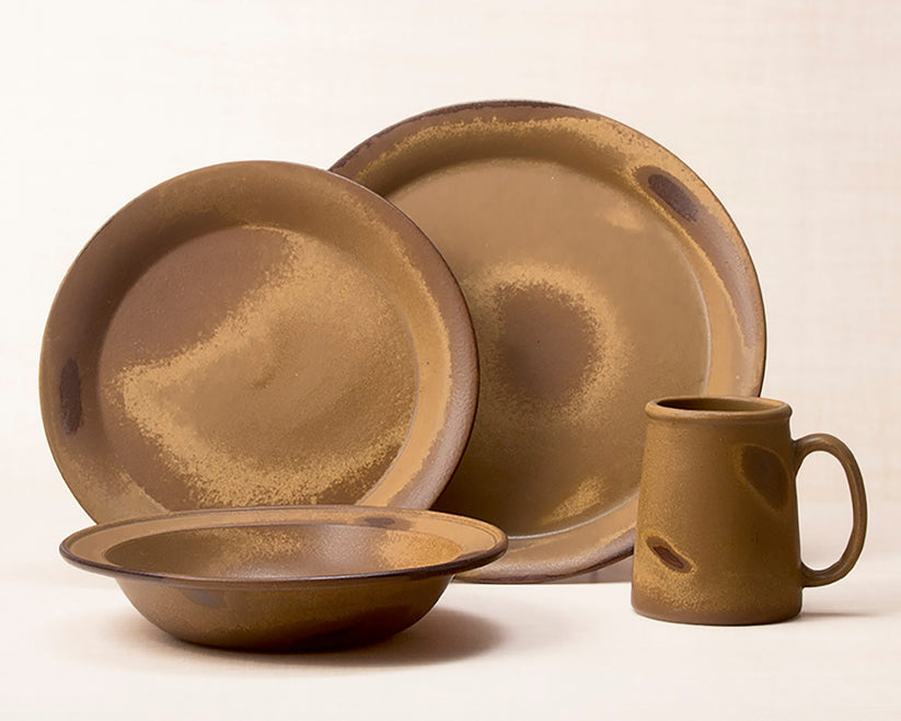 Tavernware dinnerware 4 piece set including our dinner plate, lunch plate, rimmed soup pasta bowl and tankard mug.