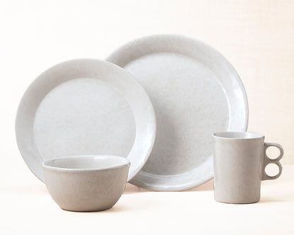White on White dinnerware 4 piece set including our dinner plate, lunch plate, medium basic bowl and trigger mug.