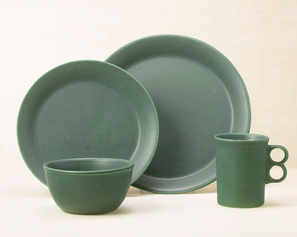 Element Green dinnerware 4 piece set including our dinner plate, lunch plate, medium basic bowl and trigger mug.