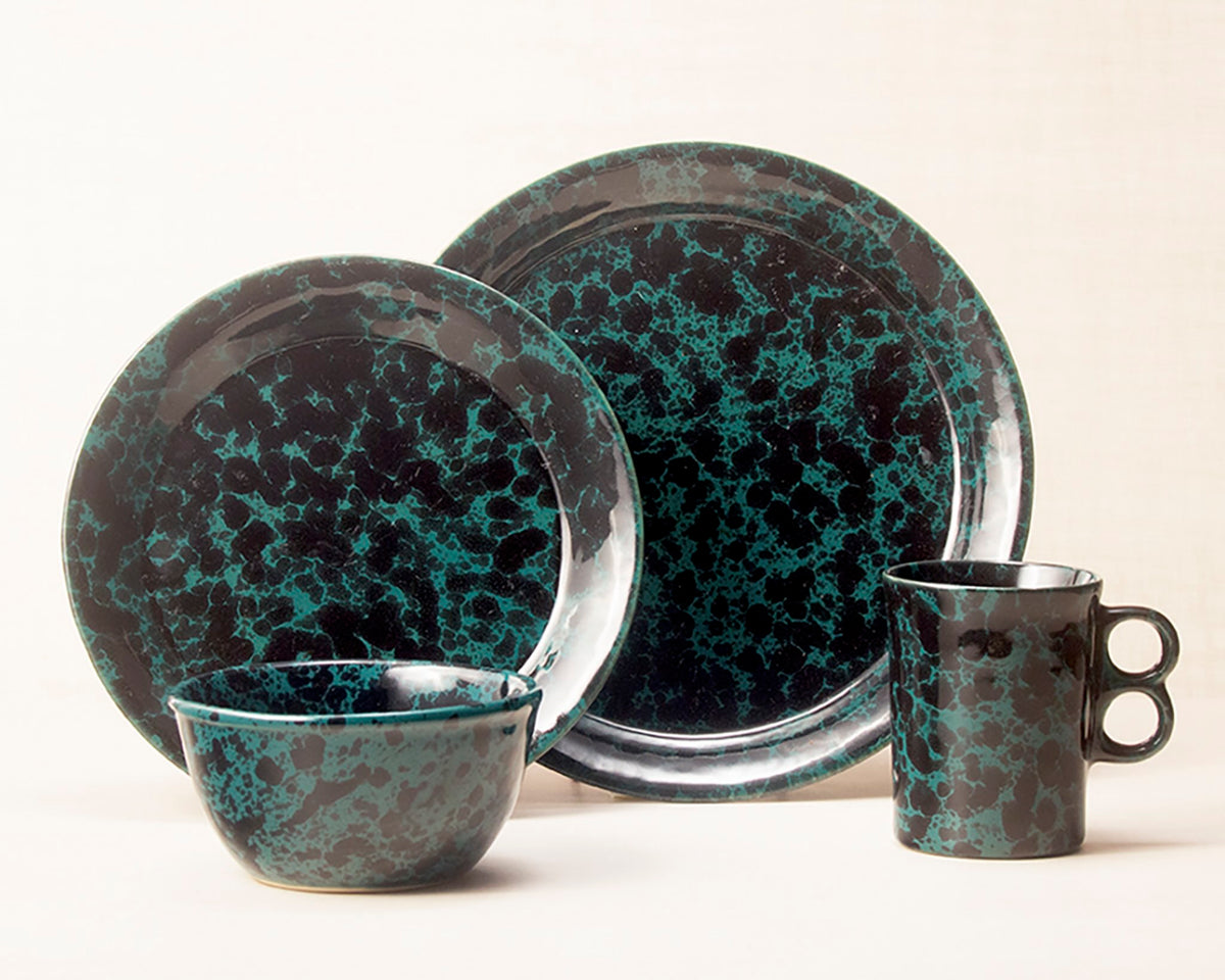 Black on Green dinnerware 4 piece set including our dinner plate, lunch plate, medium basic bowl and trigger mug.