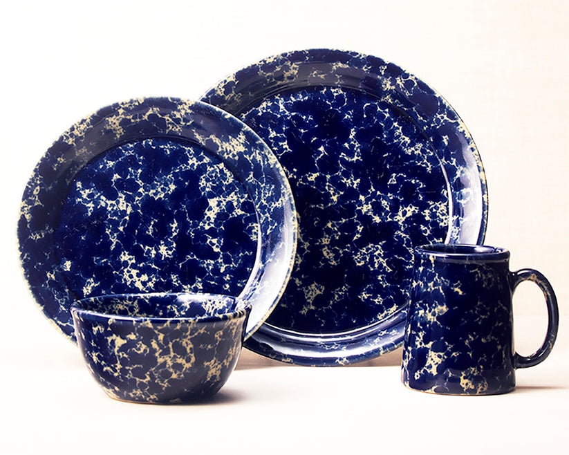 Blue Agate dinnerware 4 piece set including our dinner plate, lunch plate, medium basic bowl and tankard mug.