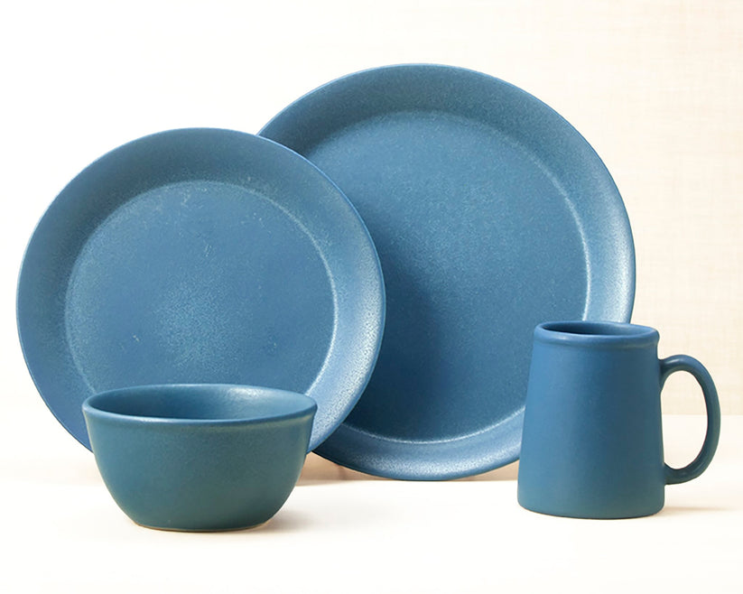 Element Blue dinnerware 4 piece set including our dinner plate, lunch plate, medium basic bowl and tankard mug.