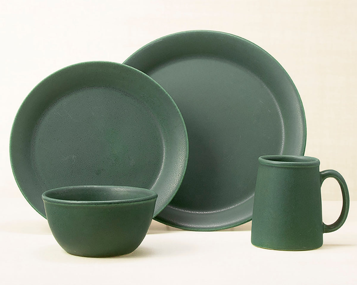 Element Green dinnerware 4 piece set including our dinner plate, lunch plate, medium basic bowl and tankard mug.