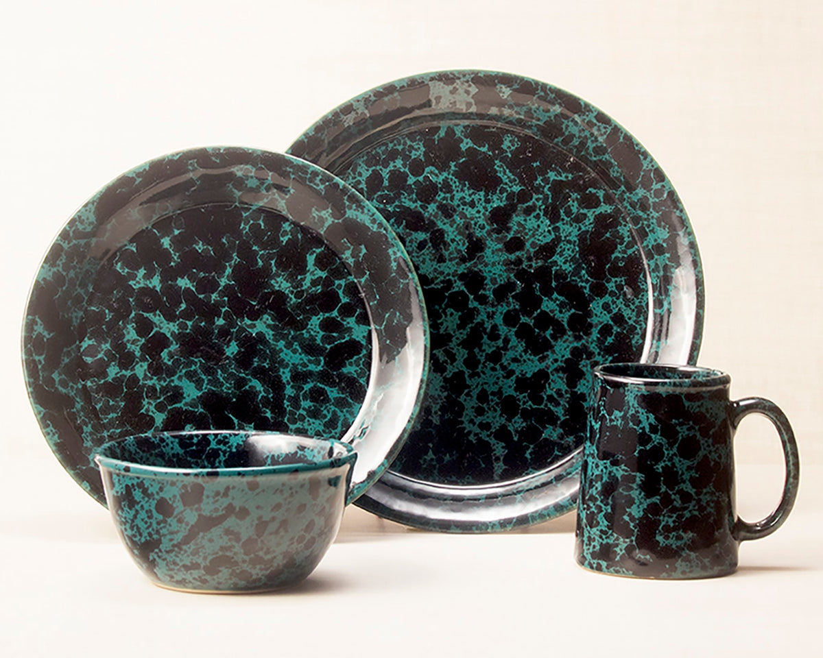 Black on Green dinnerware 4 piece set including our dinner plate, lunch plate, medium basic bowl and tankard mug.