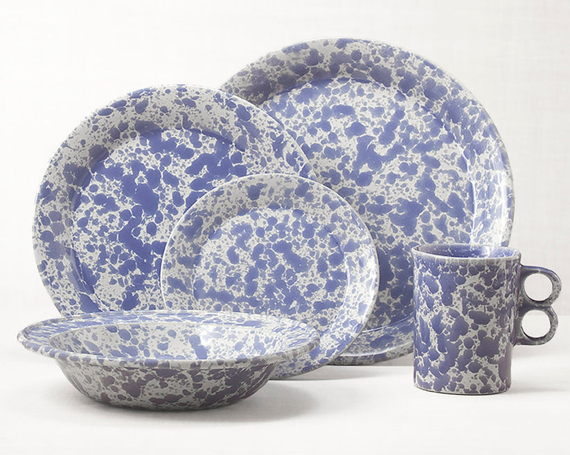 Morning Glory Blue dinnerware 5 piece set including our dinner plate, lunch plate, dessert plate, rimmed soup bowl and trigger mug.