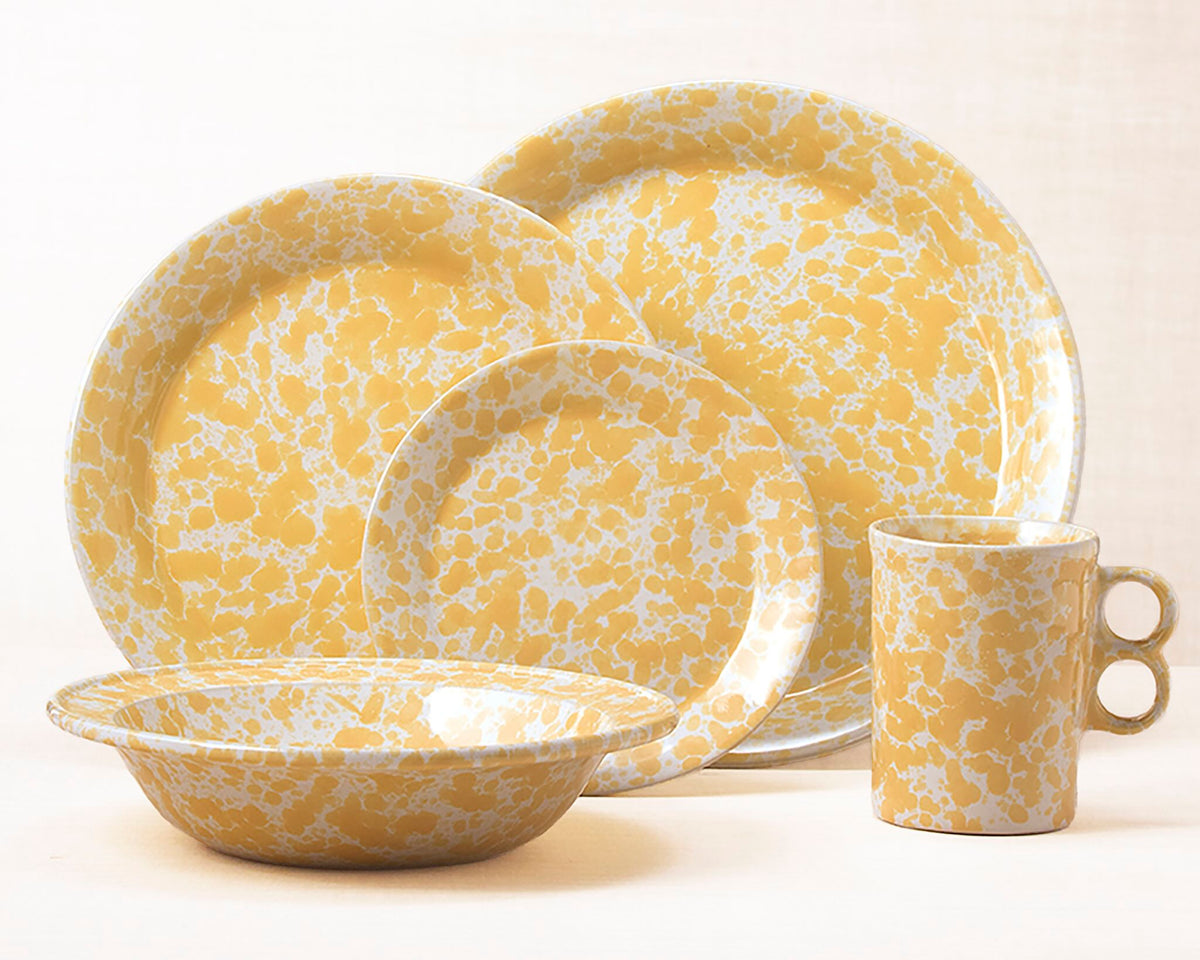 Morning Glory Yellow dinnerware 5 piece set including our dinner plate, lunch plate, dessert plate, rimmed soup bowl and trigger mug.