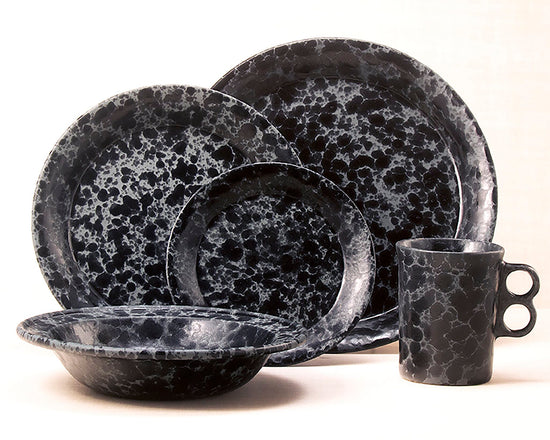 Black on Slate dinnerware 5 piece set including our dinner plate, lunch plate, dessert plate, rimmed soup bowl and trigger mug.