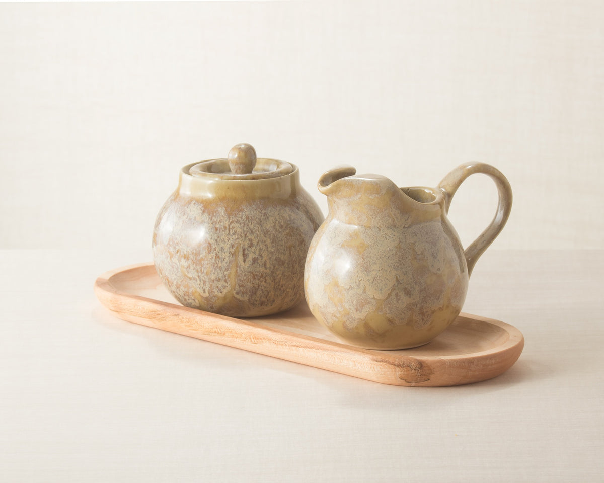 Cashmere Sugar Bowl with lid, Creamer and a wooden try set. 