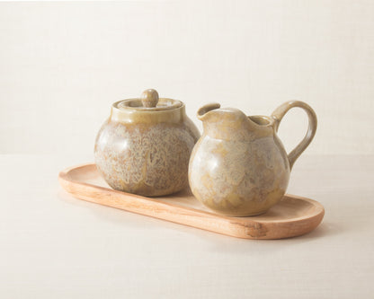 Cashmere Sugar Bowl with lid, Creamer and a wooden try set. 